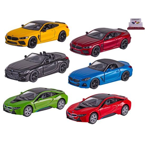 Kinsmart BMW modely 13cm kov zpětný chod 3druhy 4barvy 12ks v DBX