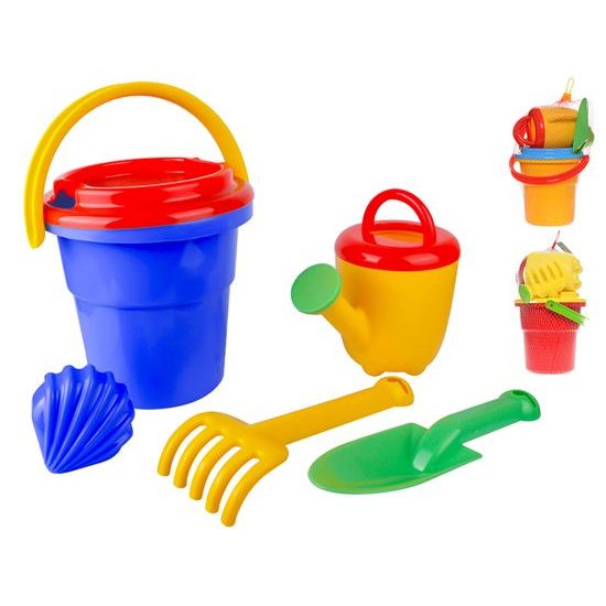 Sada na písek 6ks s kbelíkem 18cm 3barvy v síťce 12m+
