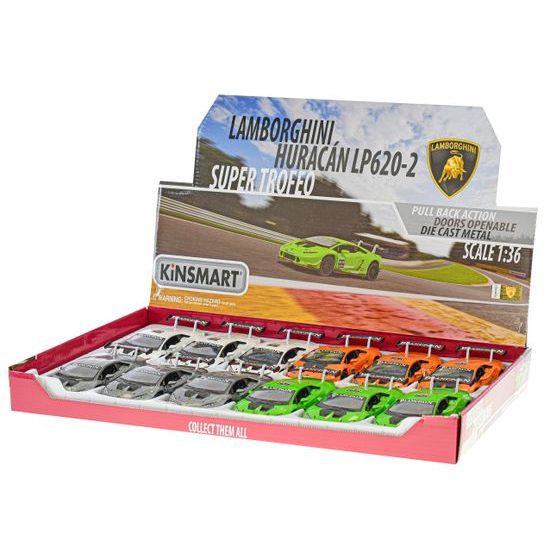 Kinsmart Lamborghini Huracan LP620-2 1:36 12cm kov zpětný chod 4barvy 12ks v DBX