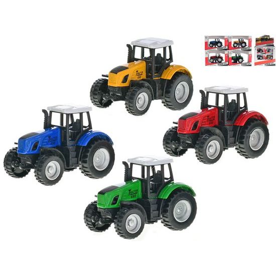 Traktor 8cm kov zpětný chod 4barvy v krabičce 24ks v DBX