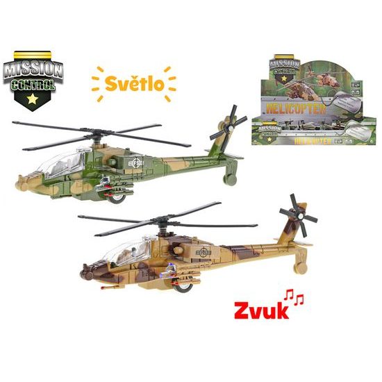 Mission Control vrtulník vojenský 20cm kov zpětný chod na baterie+světlo a zvuk 2barvy 6ks v DBX