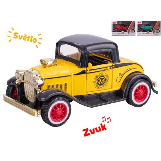 Auto old timer 11cm 1:36 kov na baterie na zpětný chod se světlem a zvukem 3barvy v krabičce