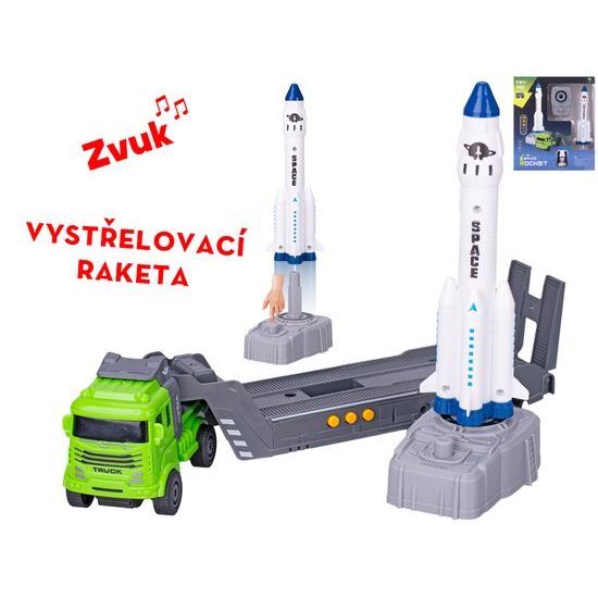 Auto nákladní 30cm na setrvačník na baterie se zvukem + raketa 16,5cm s vystřelovačem v krabičce