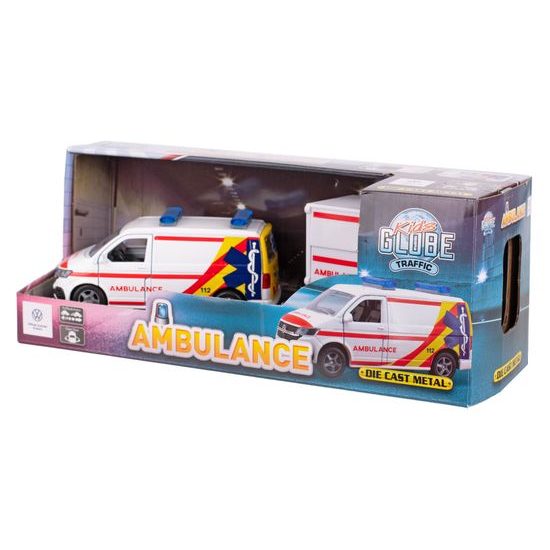 Kids Globe Traffic VW Transporter ambulance 27,5cm kov zpětný chod s přívěsem v krabičce