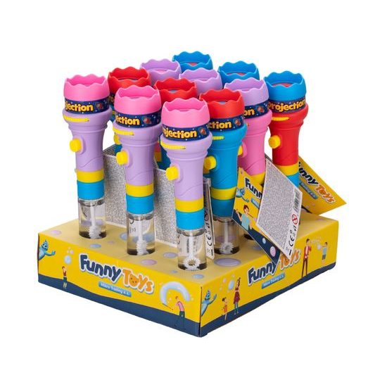 Bublifuk projektor 20,5cm na baterie se světlem 8obrázků 4barvy 12ks v PDQ