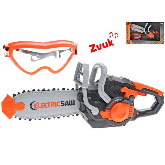 Pila elektrická 34cm na baterie se zvukem + ochranné brýle 14,5cm v krabičce