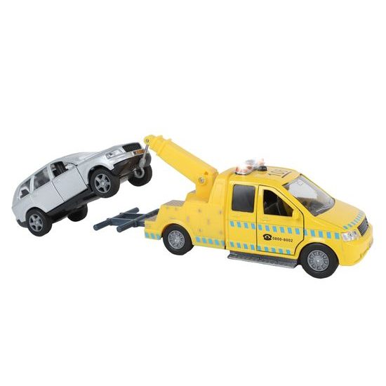 Kids Globe Traffic odtahovka 14cm kov zpětný chod na baterie světlo+zvuk s autem 11,5cm v krabičce