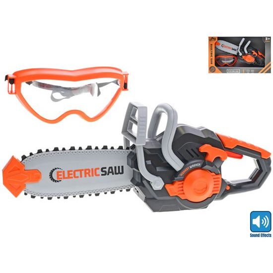 Pila elektrická 34cm na baterie se zvukem + ochranné brýle 14,5cm v krabičce
