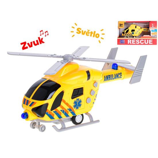 Vrtulník ambulance 20cm na setrvačník na baterie se světlem a zvukem v krabičce