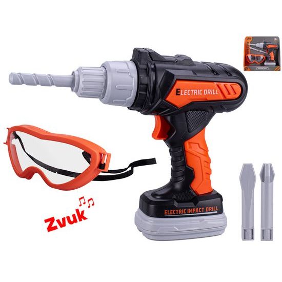 Vrtačka příklepová 20cm na baterie se zvukem + brýle 14,5cm a 2 vrtáky v krabičce