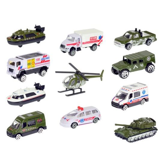Vozidla vojenská/ambulance 7-8cm kov 1:64 volný chod 12druhů v krabičce 24ks v DBX