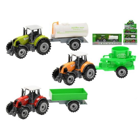 Traktor kov 19cm s přívěsem volný chod 3barvy v krabičce 12ks v DBX