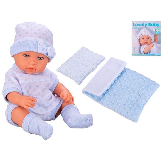 Miminko tvrdé tělo 33cm modré s peřinkami v krabičce