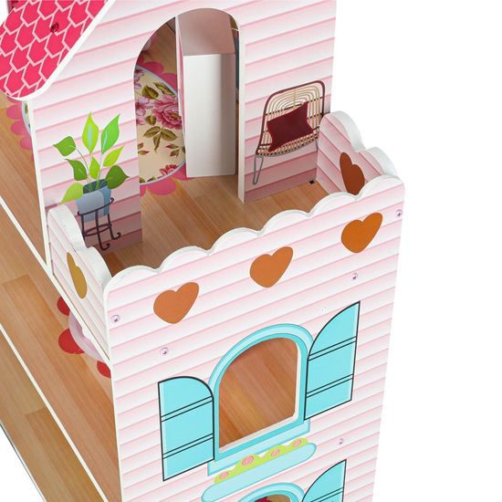 MDF dřevěný domeček pro panenky + nábytek 70cm růžový LED