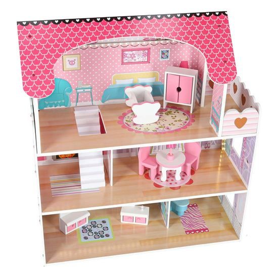 MDF dřevěný domeček pro panenky + nábytek 70cm růžový LED