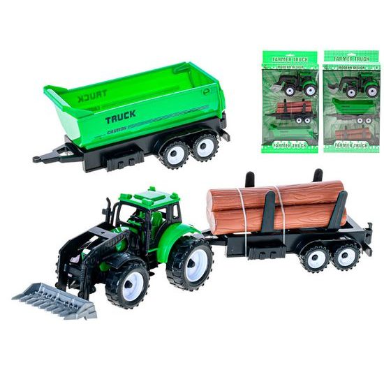 Traktor nakladač 17cm 3druhy na setrvačník + 2vlečky v krabičce