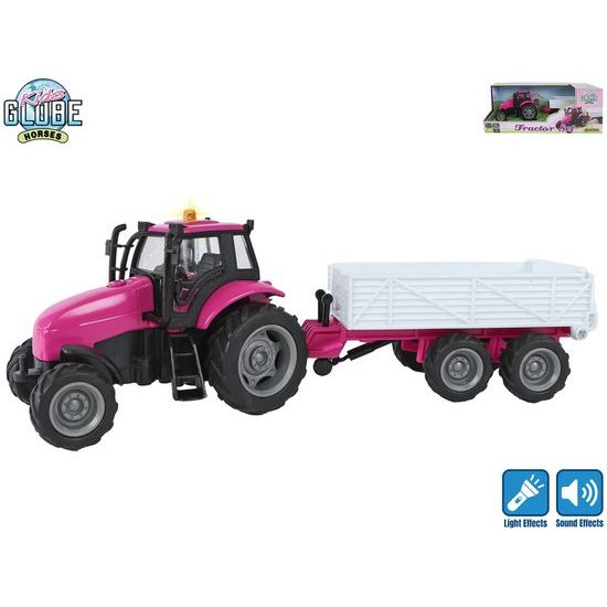 Kids Globe Horses traktor s vlečkou 25cm kov na setrvačník na baterie se světlem a zvukem v krabičce