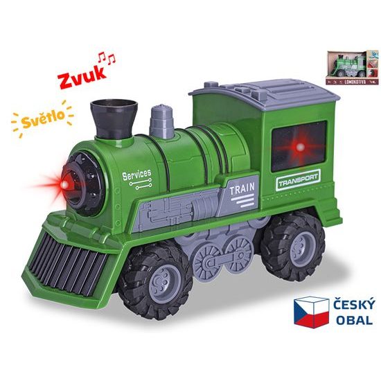 Lokomotiva zelená 22,5cm 1:16 na setrvačník na baterie se světlem a zvukem v krabičce