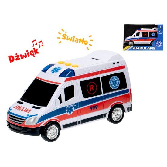Auto ambulance polský design 18cm na setrvačník na baterie se světlem a zvukem v krabičce