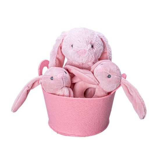 Zajíček plyšový 20cm růžový sedící s chrastítkem 13cm a usínáčkem v košíku 0m+ v sáčku