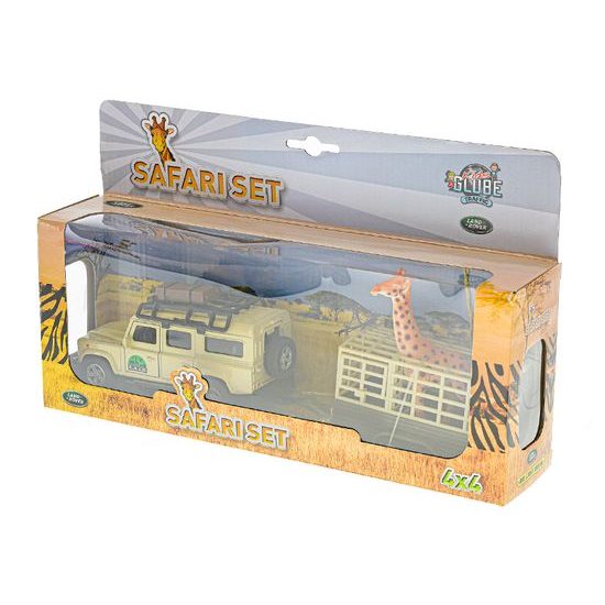 Kids Globe Traffic Land Rover Defender 14cm kov na zpětný chod s přívěsem 14cm a žirafou v krabičce
