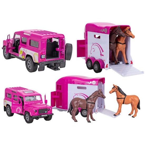 Kids Globe Horses Land Rover růžový kov s přívěsem pro koně 28cm zpětný chod v krabičce