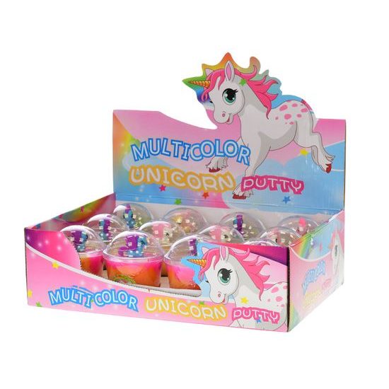 Unicorn hmota duhová v kelímku 9,5x7,5cm s jednorožcem 3barvy 12ks v DBX
