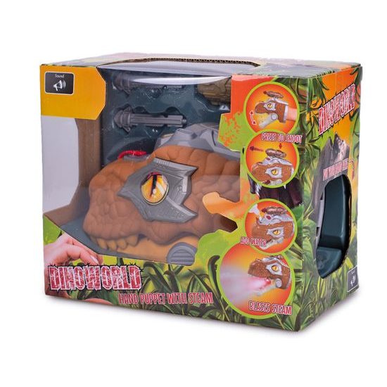 Dinoworld dinosaurus hlava 17cm na baterie chrlící páru se světlem a zvukem v krabičce