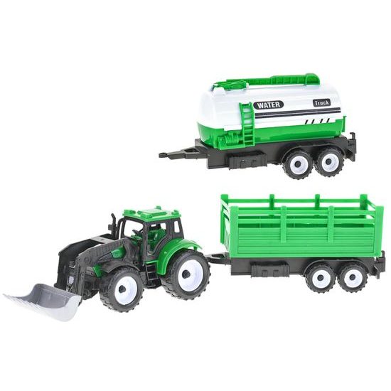 Traktor nakladač 17cm 3druhy na setrvačník + 2vlečky v krabičce