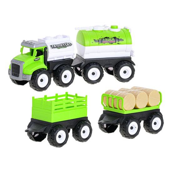 Sada farmářské auto 11-12cm na setrvačník se třemi přívěsy 3druhy v krabičce