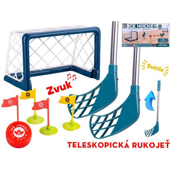 Hokej s brankami 23x16x16cm a hokejkami 70cm 2ks na baterie se světlem,zvukem a doplňky v krabičce