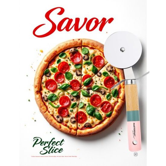Kráječ na pizzu s dřevěnou rukojetí – růžovo-modrý