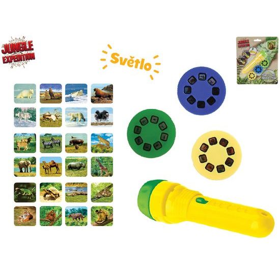 Jungle Expedition projektorová svítilna 11,5cm na baterie se světlem 24 obrázků na kartě