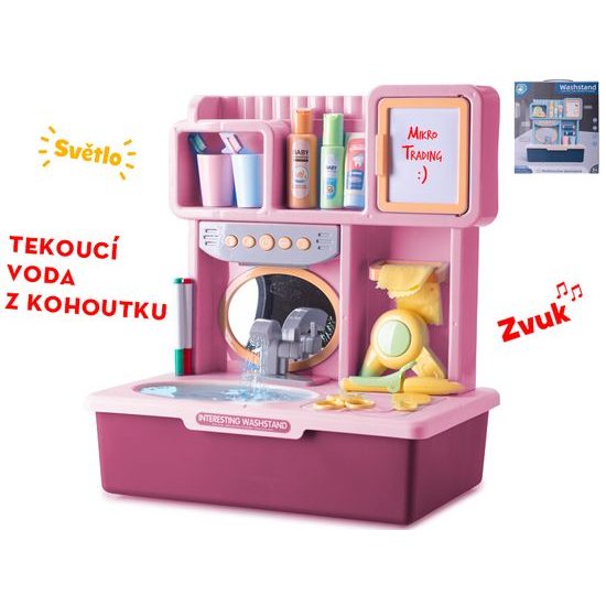 Umyvadlo růžové 35x23x40cm na baterie s tekoucí vodou se světlem, zvukem a doplňky v krabičce