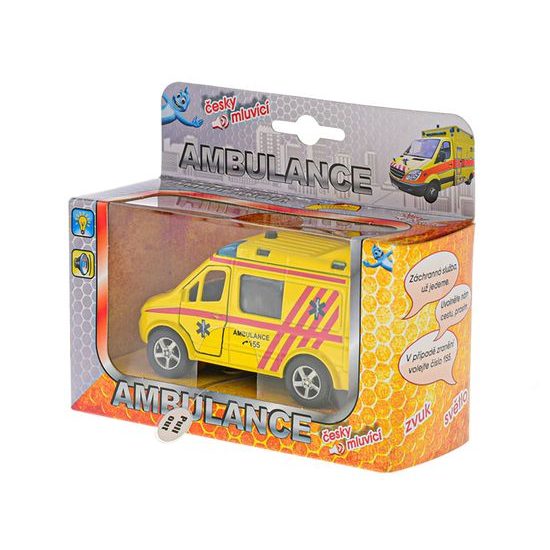 2-Play Traffic ambulance CZ 11cm kov zpětný chod na baterie česky mluvící se světlem v krabičce
