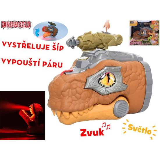 Dinoworld dinosaurus hlava 17cm na baterie chrlící páru se světlem a zvukem v krabičce