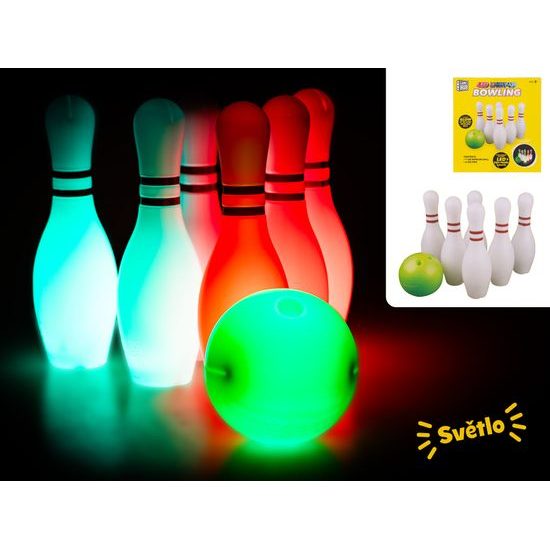 Bowling s kuželkami 6ks 25,5cm a míčkem na baterie se světlem v krabičce