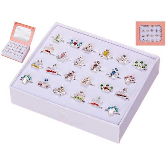 Sada prstýnků ve tvaru korunky 24ks kov v krabičce 14x12cm v sáčku