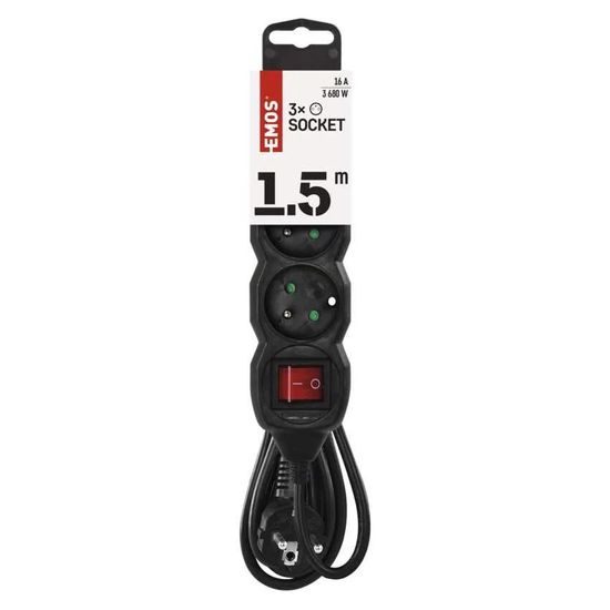 Prodlužovací kabel 1,5 m, 3 zásuvky s vypínačem / černý / PVC / 1 mm2