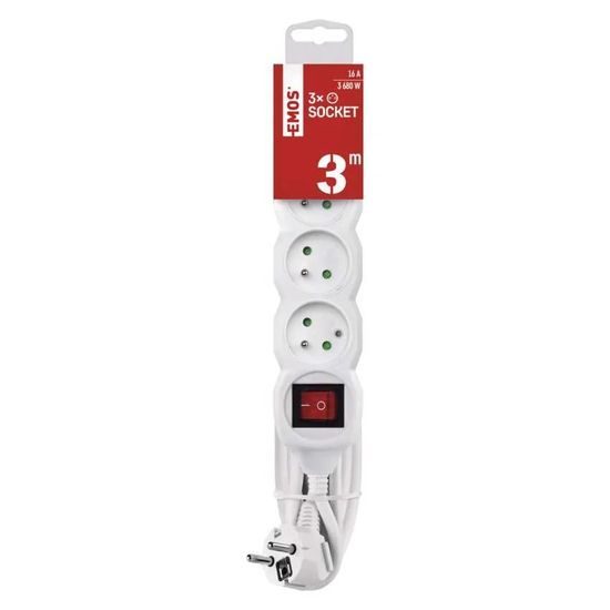 Prodlužovací kabel 3 m,3 zásuvky s vypínačem / bílý / PVC / 1,5 mm2