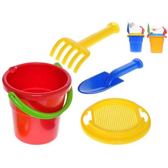 Sada na písek 4ks s kbelíkem 18cm 3barvy 12m+ v síťce