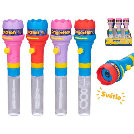 Bublifuk projektor 20,5cm na baterie se světlem 8obrázků 4barvy 12ks v PDQ