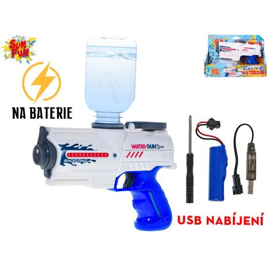 Sun Fun pistole vodní 18cm na baterie + USB s lahví/zásobníkem v krabičce