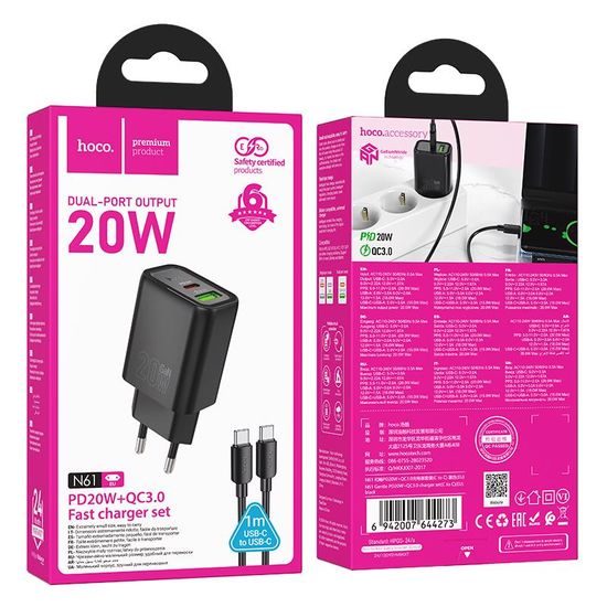 Gentle PD20W dual port adaptér ČERNÝ s kabelem USB-C