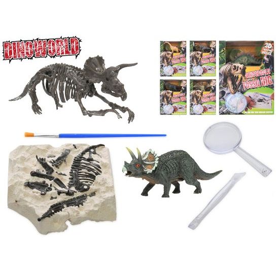 Dinoworld dinosaurus 12cm a zkamenělina v sádře s dlátem, lupou a štětcem 6druhů v krabičce