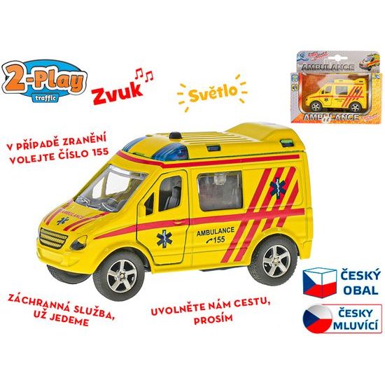 2-Play Traffic ambulance CZ 11cm kov zpětný chod na baterie česky mluvící se světlem v krabičce