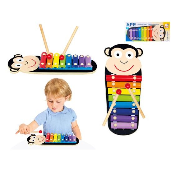 Xylofon opička dřevěný 32cm 18m+ v krabičce