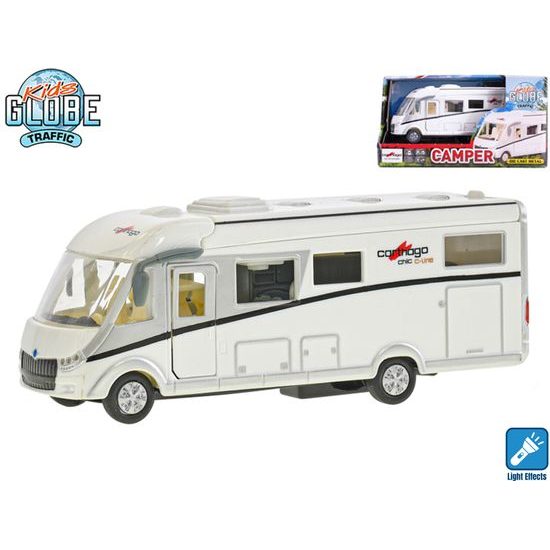 Kids Globe Traffic karavan Carthago 16cm kov zpětný chod na baterie se světlem v krabičce