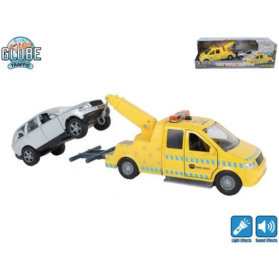 Kids Globe Traffic odtahovka 14cm kov zpětný chod na baterie světlo+zvuk s autem 11,5cm v krabičce