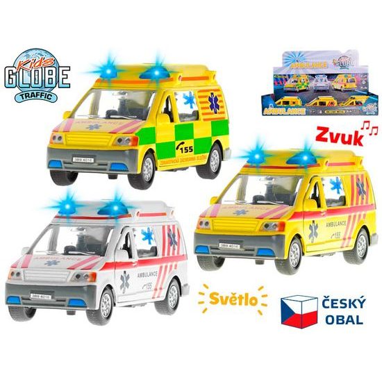 Kids Globe Traffic ambulance CZ 14cm kov zpětný chod na baterie světlo a zvuk 12ks v DBX